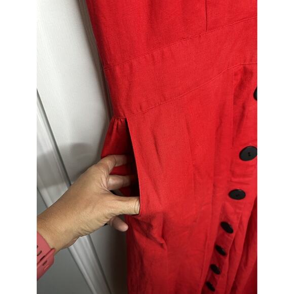 Vintage 80s Midi Long Red Pleated Skirt Linen Dress Secretary 14 16 Rockabilly - Picture 6 of 12